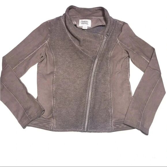 BKE Outerwear Taupe Asymmetrical Moto Zip Up Knitted Front Collared Jacket Small - Picture 1 of 8